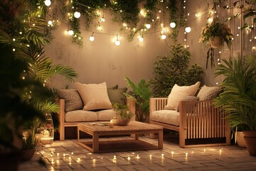Obraz premium Cozy outdoor seating area illuminated by string lights amidst lush greenery in a tranquil evening setting