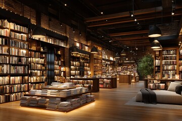 Cozy library with warm lighting and bookshelves filled with various genres in a spacious interior