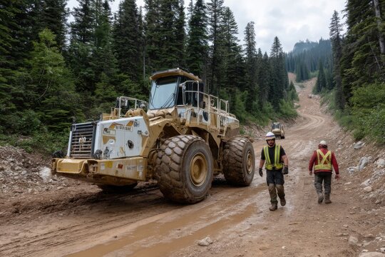 Large Heavy Equipment in Forest Clearing with Personnel Inspecting Road Construction