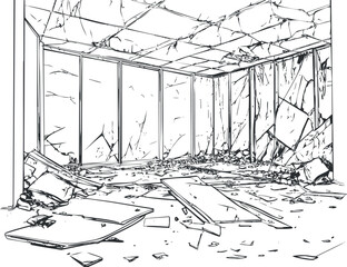 Plakat Black and white line drawing of a heavily damaged and ruined room interior with broken walls, shattered windows, and scattered debris on the floor.