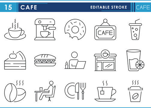 A set of line icons related to Cafe. Coffee, bakery, food, store, and so on. Vector editable stroke.