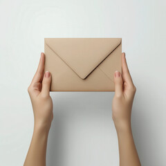 Fototapeta premium Human hand holding envelope mailing stationery essential isolated on white background