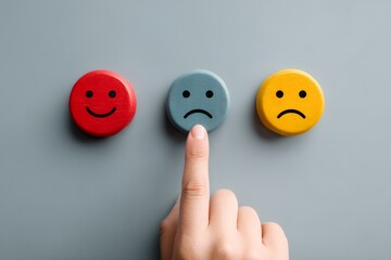 A hand pointing at a neutral smiley face button between a happy red and a sad yellow one on a gray background illustrating emotional choices