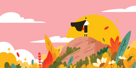 An illustration of a confident figure gazing out with a cloak, standing on a cliff against a vibrant sunset sky, embodying strength and vision.