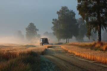 Obraz premium Combine harvester gathers ripe crop in foggy morning field, golden wheat stalks with forest trees shrouded in mist