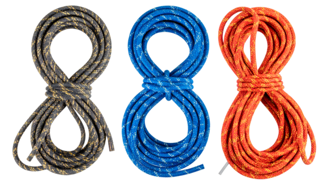 Colorful climbing ropes forming an eight shape on a transparent background, ideal for safety and rescue operations
