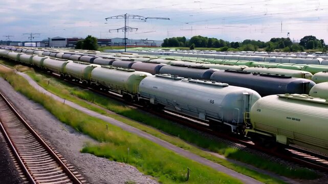 Aerial view of parallel freight trains with light green and dark tank cars lined up on railway tracks in an industrial area

