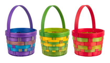 Three empty colorful Easter baskets isolated on transparent background, perfect for spring celebrations and Easter egg hunts