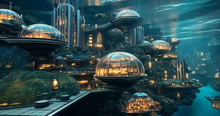 Futuristic underwater city with glowing domes and flora - Powered by Adobe