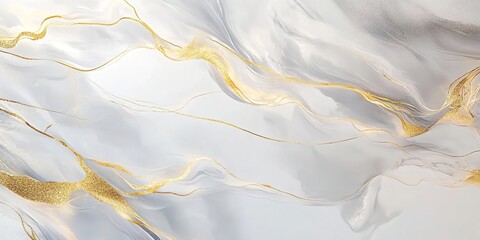 Fototapeta premium Digital marble texture with white base, gray swirls and golden veins.