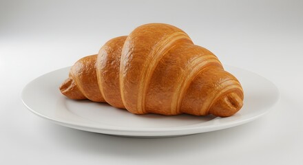 golden croissant on a white plate, isolated on a clean white background with soft shadows.