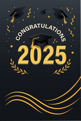 Black and Gold Congratulations 2025 Graduation Poster with Graduation Cap and Confetti on Dark Background