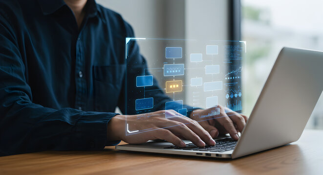 Man using laptop for data analysis and business intelligence with digital flowchart and graphs overlay - Powered by Adobe