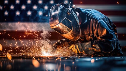 Welding Worker In Factory With American Flag Background
