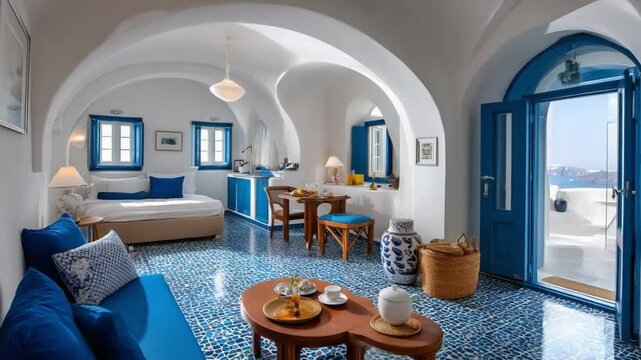 Santorini Interior: A picturesque indoor scene unfolds in a traditional Greek style, featuring blue and white accents. This elegant space showcases the beauty of Santorini's unique architecture. 