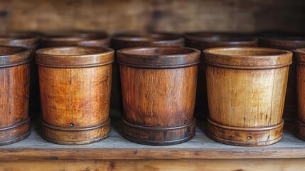 Row of vintage wooden cups on shelf.