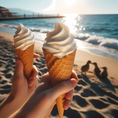 woman with ice cream on beach