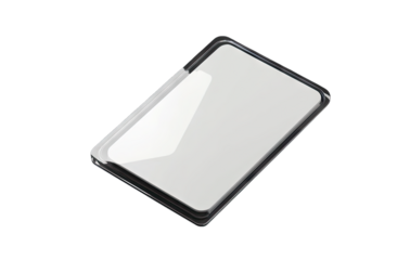 A sleek. modern tablet device lying on a reflective surface. showcasing its glossy screen and minimalist design. with soft lighting enhancing its aesthetic appeal