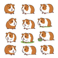 Cartoon Guinea Pigs with Brown and White Markings in Various Poses