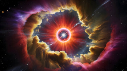 A vibrant nebula surrounds a powerful stellar explosion, showcasing intense reds, oranges, and purples against a dark space backdrop. The image is a digital painting with a surreal, cosmic feel.