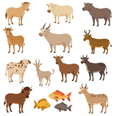 Colorful Cartoon Collection of Diverse Farm Animals and Fish