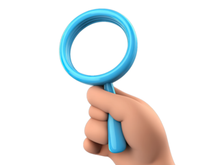 A cartoonish hand holding a blue magnifying glass. symbolizing investigation and scrutiny. set against a clean white background. ideal for educational or analytical themes