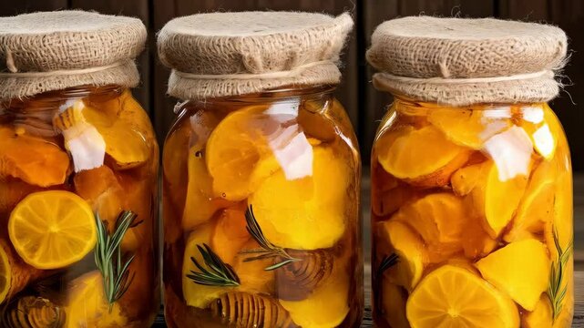 Three jars filled with homemade lemon and turmeric herbal cough drops displayed with burlap coverings on a rustic wooden surface.