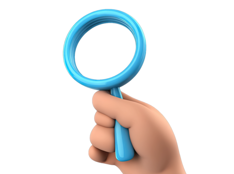 A cartoonish hand holding a blue magnifying glass. symbolizing investigation and scrutiny. set against a clean white background. ideal for educational or analytical themes