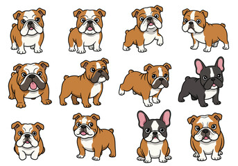 Cute Cartoon Bulldog Variations in Different Poses