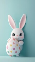 Cute springtime rabbit holding a decorated egg against a pastel backdrop.