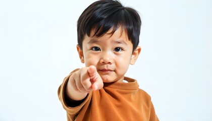 Asian kid looking at camera and pointing with fingers down isolated on white