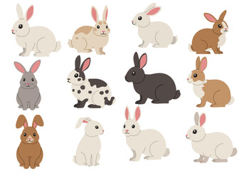Diverse Collection of Adorable Cartoon Rabbits in Various Poses and Colors