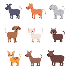 Four Adorable Cartoon Dogs in Various Breeds and Colors