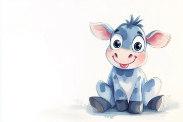 Adorable cartoon cow sitting with legs out, big eyes and floppy ears, tongue sticking out playfully. Minimal background, isolated on white