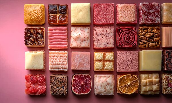 Assorted colorful square desserts on a pink surface, displaying unique textures and patterns
