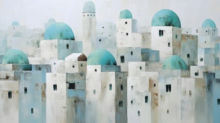 An artistic depiction of a serene ancient cityscape featuring numerous domed structures and pastel-colored buildings under a calm sky