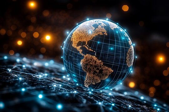 Global digital network with earth representation connecting continents bright internet technology showing world connectivity for global business expansion and data transfer