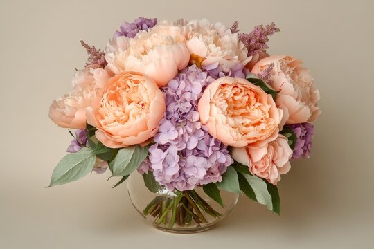 Delicate bouquet of peach and lavender flowers in a glass vase.