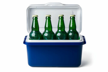 Four green bottles of beer in blue cooler with white lid