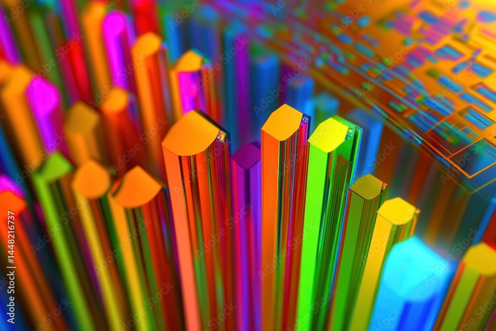 Poster colorful abstract representation of digital data visualization with vibrant bars and patterns