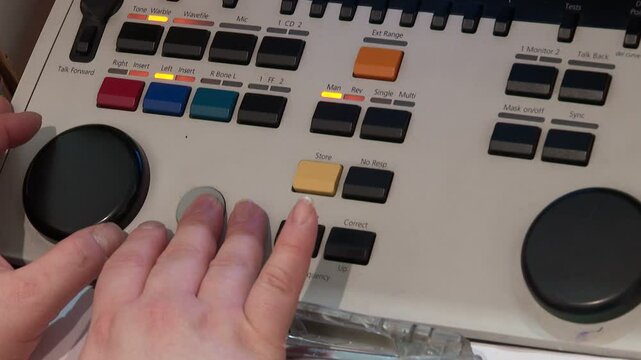 The doctor performs tinnitus measurements and monitoring of ototoxicity. Audiologist doing hearing exam the patients using audiometer in special audio room , close-up 
