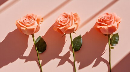 Romantic flat lay with pink roses on pastel pink surface made with Generative AI technology