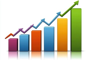 Colorful bar graph with upward arrows representing growth and progress in business metrics