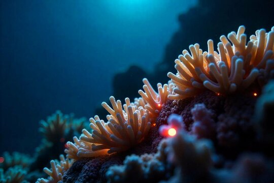 Tentacoli luminosi: anemoni corallini accendono il buio abissale con la loro fluorescenza arancione, rivelando un mondo di delicata bellezza nelle profondit&agrave; marine.