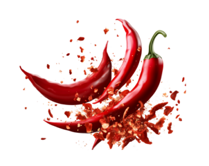 group Red and hot Falling bursting chili peppers whith chili pawder on islated transfarent background, PNG.