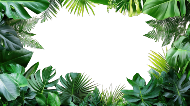 Lush green foliage framing a blank space. ideal for text overlay. showcasing a vibrant tropical atmosphere with various leaf types. perfect for nature-themed projects