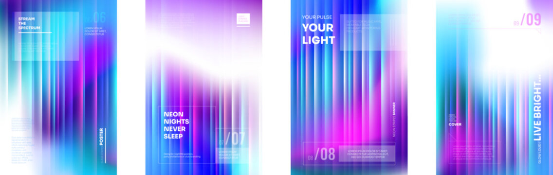 Fototapeta Colorful prismatic fractal glass texture with neon gradient and soft blur effect. Abstract vertical lines, glowing aura and fluid distortion. Modern vibrant vector bg for tech, music or UI design.