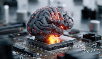 Futuristic brain-like structure on microchip, glowing with circuit connections.