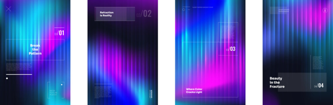 Fototapeta Neon fractal glass effect with fluid gradient and prismatic distortion. Wavy vertical lines, holographic colors and soft blur. Abstract futuristic vector background for UI, music or branding design.