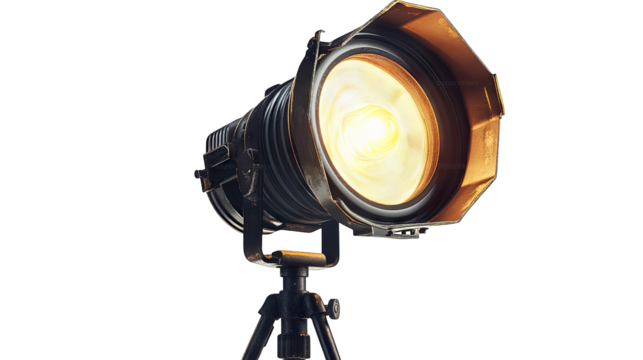 A vintage spotlight on a tripod stand illuminating a dark space. showcasing its intricate design while casting warm light. ideal for theater productions and photography settings